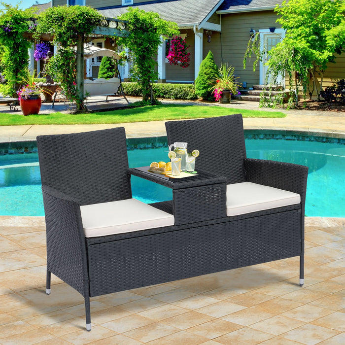 Outdoor Rattan Companion Chair - Two-Seater Wicker Loveseat with Built-In Drink Table - Ideal Garden Patio Furniture for Couples in Black