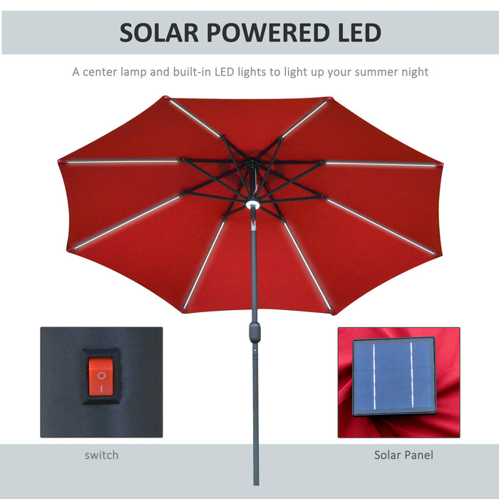 Garden Parasol Sun Umbrella 2.7m with Solar LED Lights - Angled Canopy, Air Vent, and Crank Tilt Features in Vibrant Red - Ideal Summer Patio Shelter for Day and Night