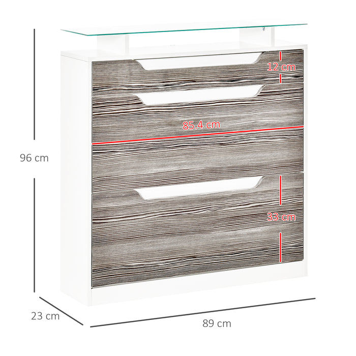 High Gloss 3-Drawer Shoe Cabinet with Flip Doors - Glass Top, Adjustable Shelf, 14-Pair Storage Cupboard in Grey - Ideal for Space-Saving and Organizing Footwear