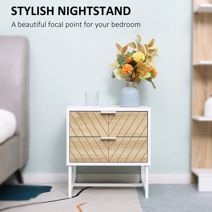 Modern White & Oak Bedside Table with 2 Drawers - Sturdy Metal Frame Sofa Side Table for Bedroom & Living Room - Elegant Storage Solution for Contemporary Home Decor