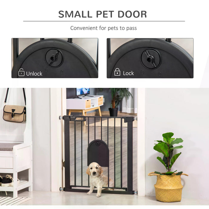 Pet Safety Gate 75-82 cm - Pressure-Mounted Barrier w/ Small Pet Door, Auto-Close & Double Locking - Ideal for Doorways & Stairs, For Dogs & Cats