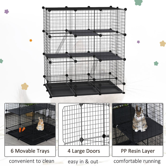 DIY 3-Level Metal Pet Playpen - Guinea Pig, Rabbit, Ferret, Chinchilla Cage with 4 Doors & Bottom Trays - Customizable Small Animal Enclosure for Safe Play and Rest