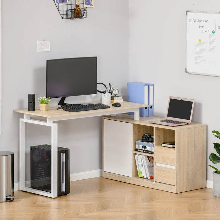 L-Shaped Oak Beige White Desk - Home Office Computer Workstation with Storage Shelf and Drawer - Space-Saving Corner Writing Table for Professionals