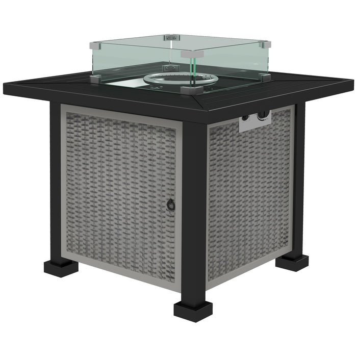 Rattan Gas Fire Pit Table with Glass Screen - 50,000 BTU Square Smokeless Outdoor Fire Pit with Beads & Lid - Perfect for Patio Ambiance and Entertainment, 81x81x64 cm, Grey