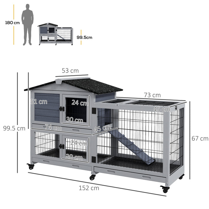 Portable Bunny Haven with Wheeled Base - Outdoor Indoor Rabbit Hutch with Play Run, Easy Clean Slide-Out Trays, and Access Ramp - Durable Grey Habitat for Pet Rabbits and Small Animals