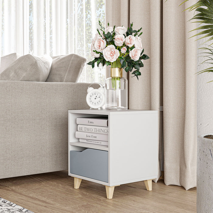 Modern White & Grey Bedside Table with Drawer and Shelf - Chic Side End Table with Sturdy Wooden Legs, 36.8cm x 33cm x 43.8cm - Ideal for Bedroom Organization and Style Enhancement