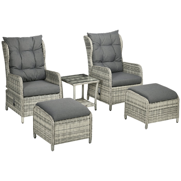 Outdoor PE Rattan 5-Piece Sun Lounge Set - Half-Round Wicker Recliner Sofa Bed, Glass Top Table, Footstools in Mixed Grey - Ideal for Patio and Poolside Relaxation