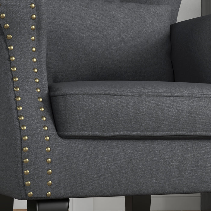 Chesterfield-Style Wingback Chair - Tufted, Nailhead-Trimmed Armchair with Pillow in Dark Grey - Elegant Seating Solution for Living Room and Bedroom