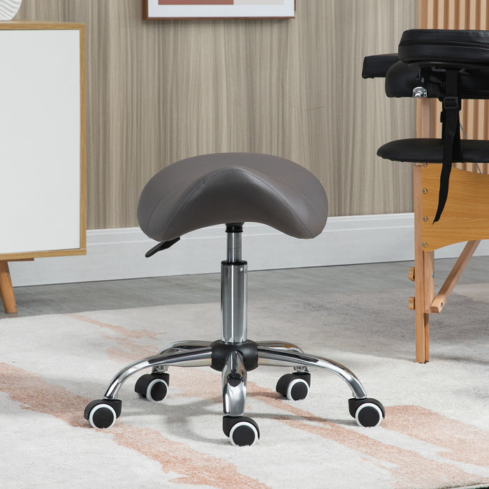 Hydraulic Saddle Stool - 360° Rotatable, Height Adjustable, Faux Leather Spa and Salon Chair with Rolling Base, Grey - Ideal for Cosmetologists, Massage Therapists, and Beauty Professionals