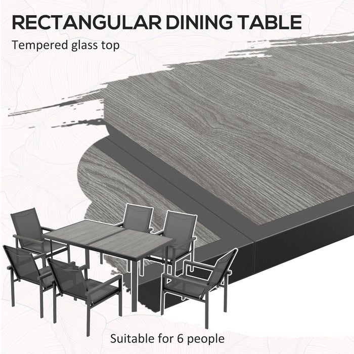 7-Piece Patio Dining Ensemble - Glass-Top Table & Breathable Mesh Fabric Chairs with Composite Wood Armrests - Ideal for Outdoor Feasts and Relaxation