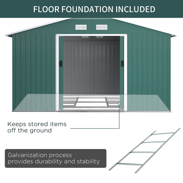 Large Metal Garden Shed 13x11 ft - Patio Roofed Storage Unit with Ventilation and Sliding Door, Deep Green - Spacious Outdoor Organizer for Tools and Equipment