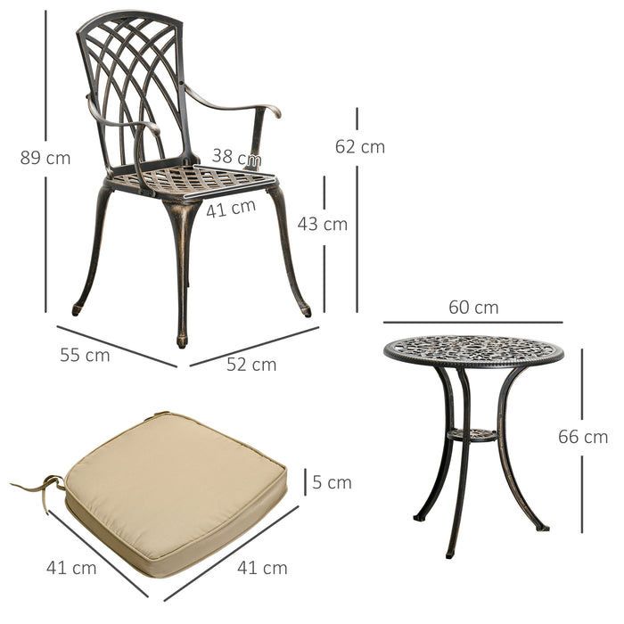 Cast Aluminium Bistro Set - 3-Piece Garden Furniture with Parasol Hole and Cushions - Perfect for Couples Outdoor Dining Experience in Bronze