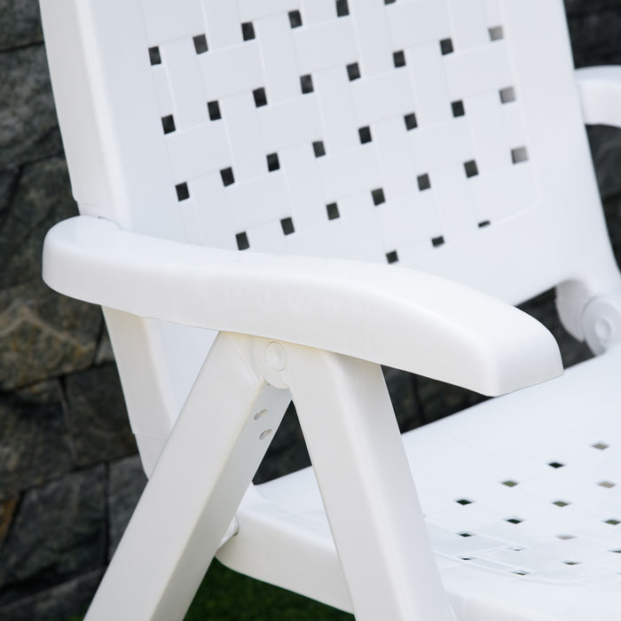 Folding Plastic Dining Chair Pair with 4-Position Adjustable Back - Reclining Armchairs for Versatility - Ideal for Indoor & Outdoor Events and Camping in White