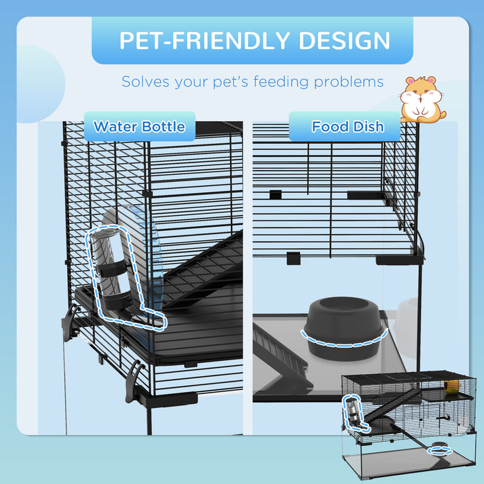 3-Tier Hamster & Gerbil Habitat - Deep Glass Bottom, Non-Slip Ramps, and Exercise Platforms with Hut & Wheel - Ideal for Syrian & Dwarf Hamsters