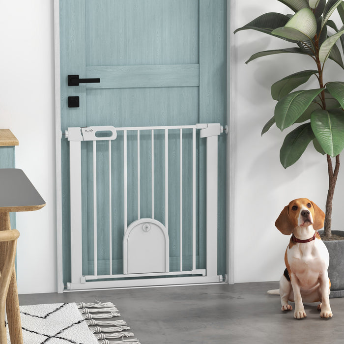 Pressure Fit Double Locking Pet Safety Gate, 75-82cm - Includes Cat Flap for Doorways and Hallways, White - Ideal Barrier for Pets and Small Animals