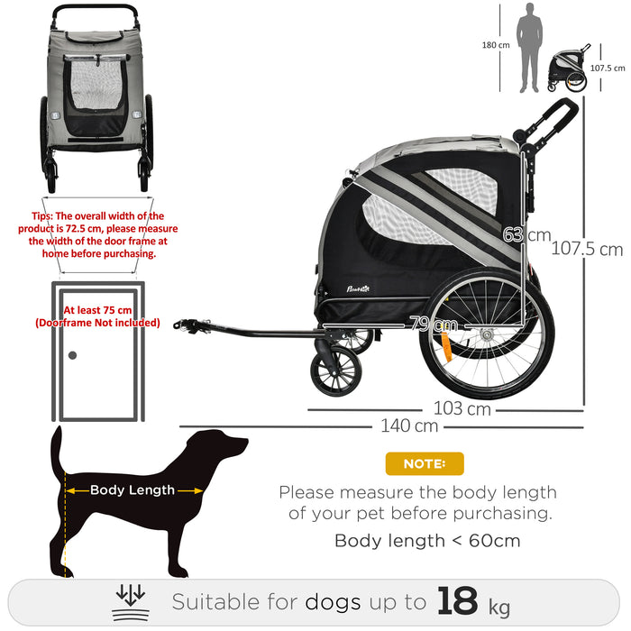 2-in-1 Dog Bike Trailer & Pet Stroller - Steel Frame Bicycle Carrier with Universal Wheel, Reflectors, and Flag in Grey - Ideal Travel Accessory for Pet Owners