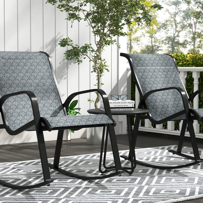 Outdoor Patio Rocking Chair Set - 3-Piece Bistro Set with Metal Coffee Table & Breathable Mesh Fabric - Ideal for Garden Relaxation & Entertaining