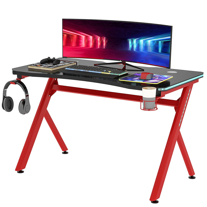 Gaming Desk with LED Lighting - Sturdy Metal Frame Computer Table with Cup Holder, Headphone Hook & Cable Management - Ideal for Gamers & Home Office Use