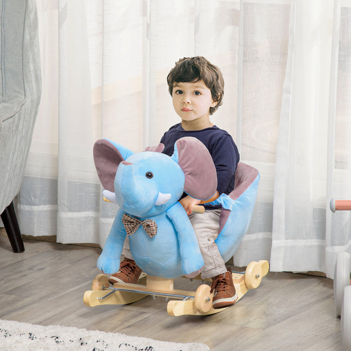 Plush Elephant Rocking Horse with Wheels for Toddlers - 2-In-1 Convertible Wood Base Rocker, 32 Melodies - Interactive Toy for Kids, Soft Plush Finish in Blue