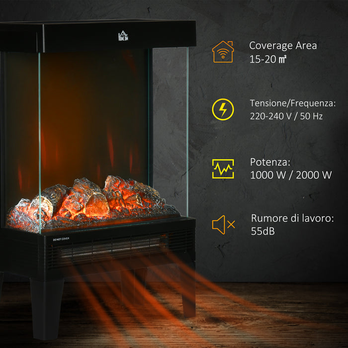 Electric Fireplace Heater with 180° View - Quiet Freestanding Stove with LED Flame, Variable Heat Settings & Overheat Protection - Cozy Ambiance for Home Comfort