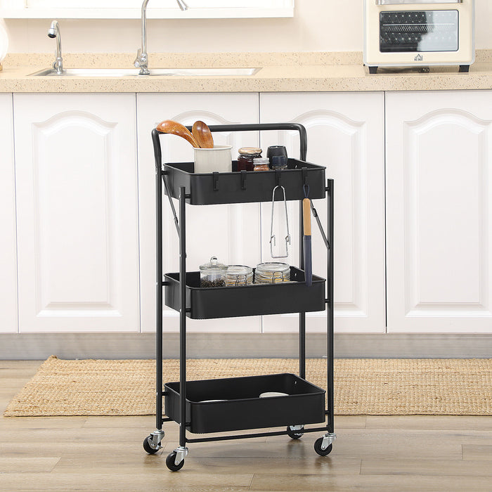 Foldable 3-Tier Rolling Utility Cart - Mesh Basket Storage with 4 Hooks, Black - Space-Saving Organizer for Living Room, Laundry, Kitchen