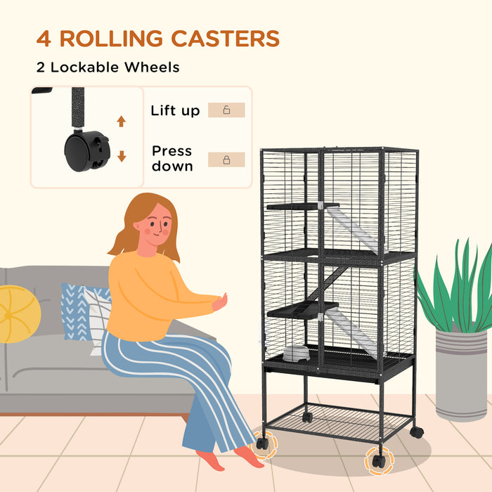 Rolling Chinchilla Cage with Accessories - Multi-Level Small Animal Habitat with 3 Access Doors, Storage Shelf & Removable Trays - Ideal for Ferrets, Includes Food Bowl & Water Bottle