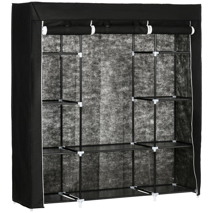 Portable Fabric Wardrobe Organizer with 10 Shelves & Hanging Rail - 150x43x162.5 cm Foldable Closet, Black - Ideal Storage Solution for Clothes and Accessories