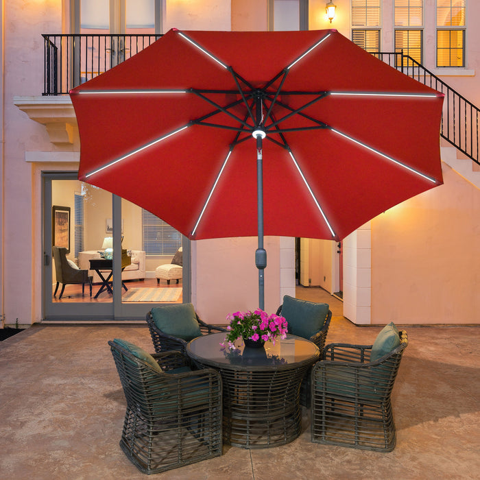 Garden Parasol Sun Umbrella 2.7m with Solar LED Lights - Angled Canopy, Air Vent, and Crank Tilt Features in Vibrant Red - Ideal Summer Patio Shelter for Day and Night