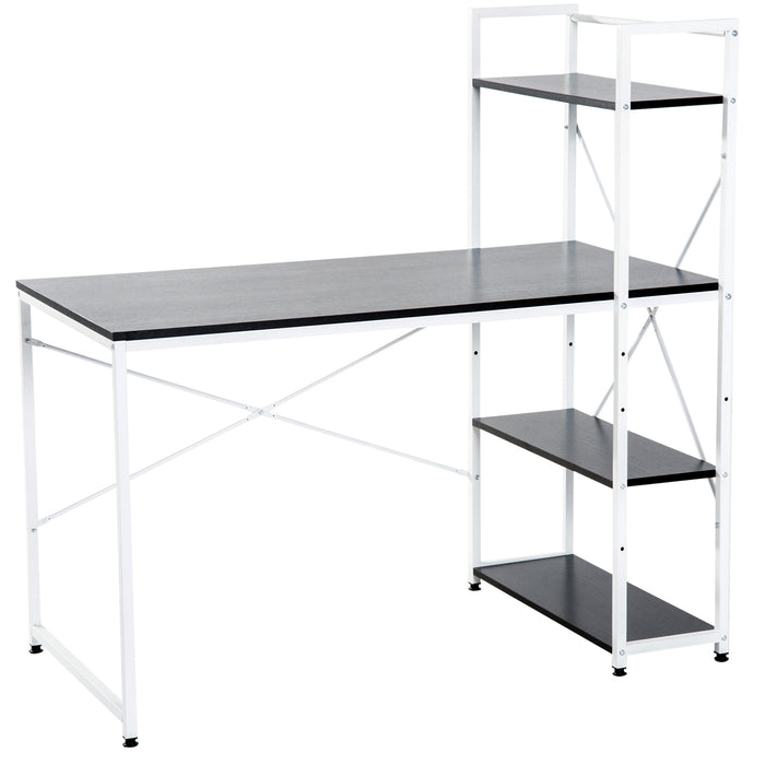 4-Tier Bookshelf Computer Desk - Sturdy Metal Frame with Wooden Top, Space-Saving PC Table for Study and Work - Ideal for Home Office Organization and Storage, Black & White Design