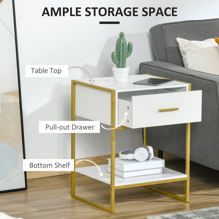 Modern White and Gold Bedside Table with Drawer - Elegant Cabinet with Shelf for Storage Organization - Ideal for Bedroom and Living Room Spaces