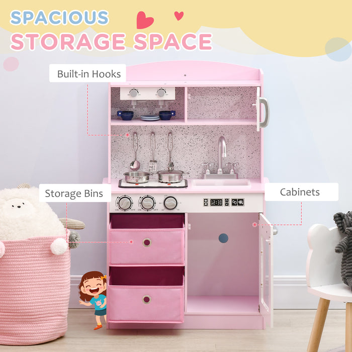 Interactive Wooden Play Kitchen Set with Functional Lights & Sounds - Includes Coffee Maker, Microwave, Sink, Utensils & Storage Bins - Perfect for Children's Imaginative Pretend Play in Pink