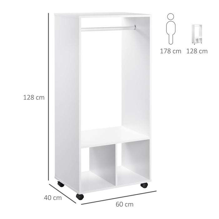 Mobile Garment Rack with Hanging Rod and Shelves - Versatile Open Wardrobe on Wheels for Storage - Ideal for Bedroom and Cloakroom Organization, White