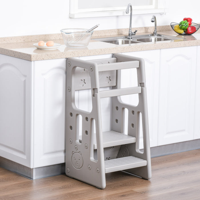 Toddler Kitchen Helper Stool - Adjustable 3-Level Standing Platform for Kids - Counter Height Learning Tower in Grey