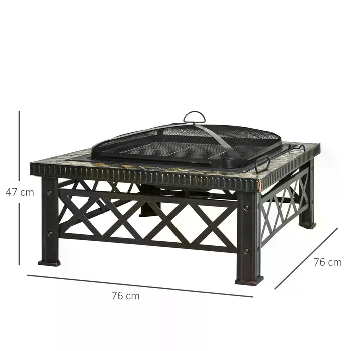 3-in-1 Square Fire Pit with BBQ Grill - Durable Metal Brazier for Garden & Patio, Includes Spark Screen, Grate & Poker - Ideal for Outdoor Heating and Cooking, 76cm x 76cm x 47cm