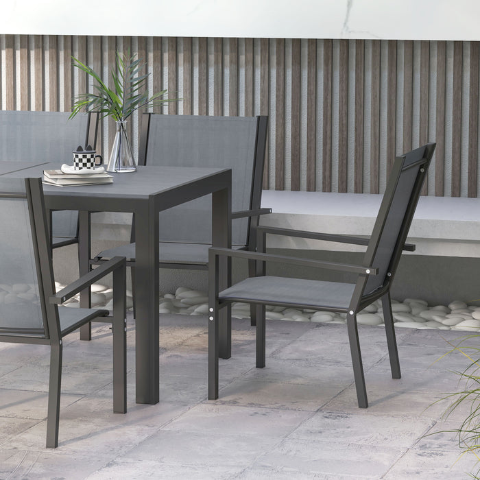 7-Piece Garden Dining Set - Wood-Plastic Composite Table, Stackable Chairs with Breathable Mesh Fabric - Ideal for Patio and Outdoor Entertaining