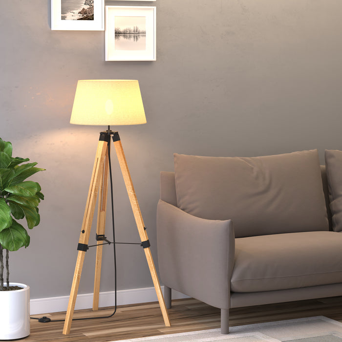 Adjustable Wooden Tripod Floor Lamp - Modern Design with E27 Bulb Compatibility, Grey Shade - Ideal for Contemporary Home Illumination