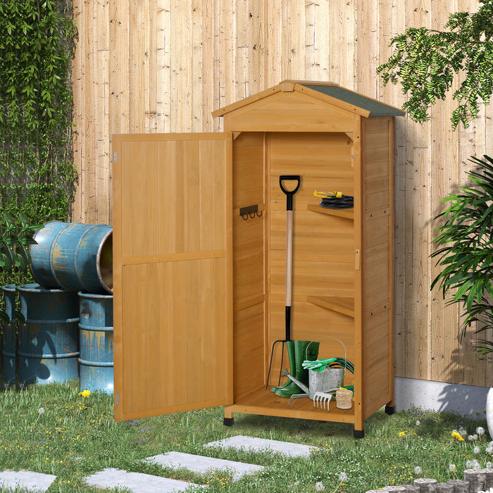 Wooden Garden Cabinet with 3-Tier Storage - Shed with 2 Shelves, Lockable Organizer, Hooks, Foot Pad, 74x55x155cm - Ideal for Outdoor Tool and Equipment Organization