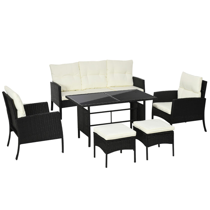 5-Seater Rattan Sofa Set - Wicker Armchairs, Footstools & Glass Table with Cushions - Ideal for Garden and Patio Comfort