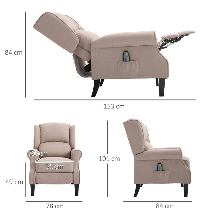 Heated Reclining Massage Armchair with Footrest - Beige Linen Fabric - Ideal for Relaxation and Comfort at Home