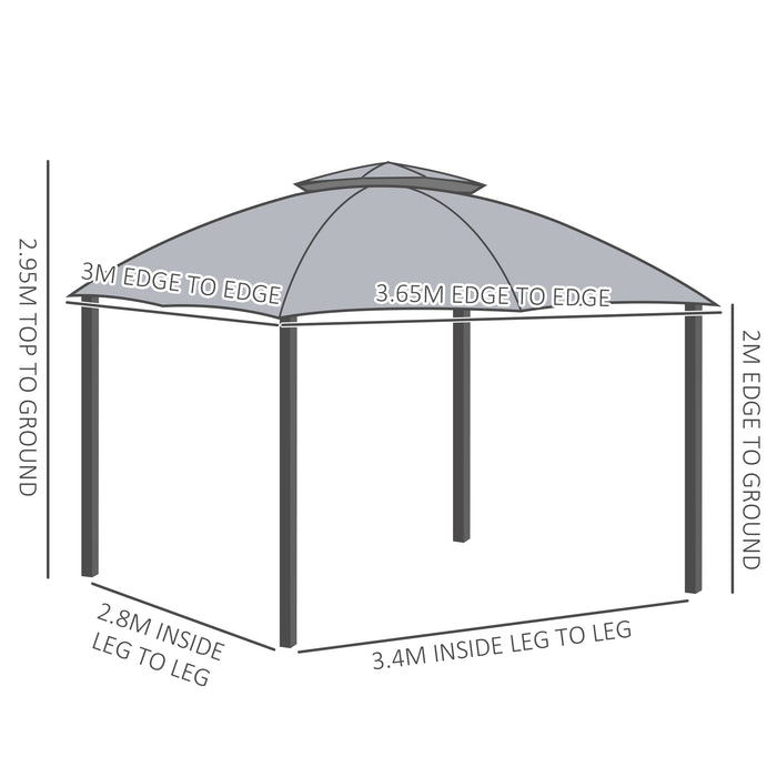 Metal Gazebo Canopy 3.7x3m with Netting Sidewalls - Double Tiered Roof Garden Patio Shelter - Ideal for Outdoor Parties and Gatherings