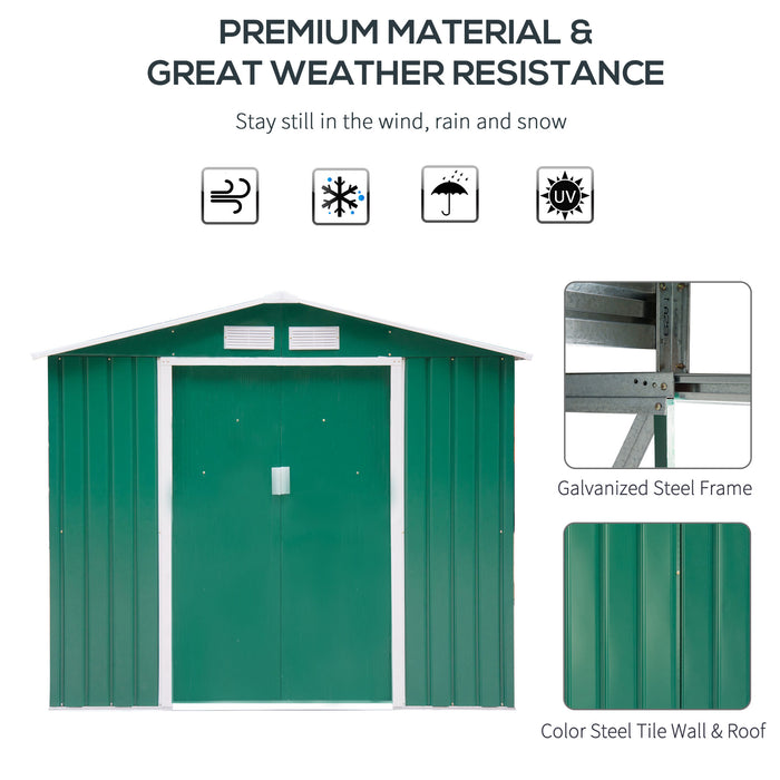 Large 7x4 ft Lockable Metal Garden Shed - Roofed Patio Tool Storage Building with Foundation - Ideal for Outdoor Furniture and Equipment Security, Green