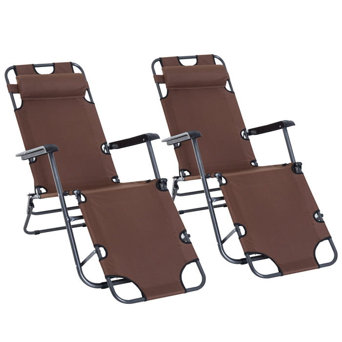 Foldable Sun Loungers Set of 2 with Adjustable Back - Reclining Garden Chairs with Pillow and Armrests, Brown - Ideal for Patio Relaxation and Comfort