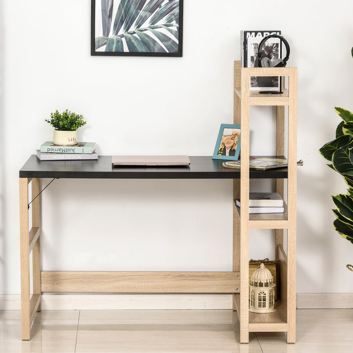 L-Shaped Corner Desk with Shelves - Ergonomic Writing and Laptop Table, Black Wood Grain Finish - Ideal for Home Office and Workstation Setup