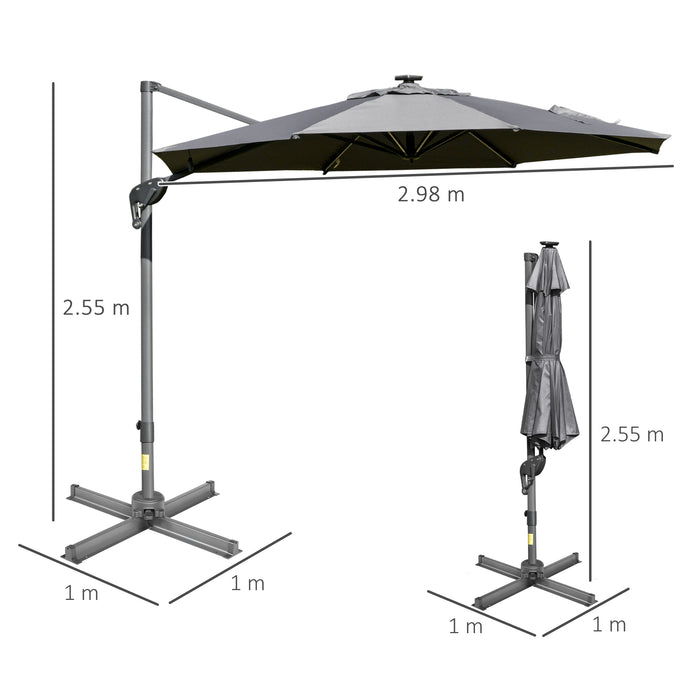 3M Cantilever Roma Parasol - Adjustable Garden Sun Umbrella with Solar LED Lighting, Cross Base & Rotation Feature - Ideal for Outdoor Comfort and Entertaining in Grey