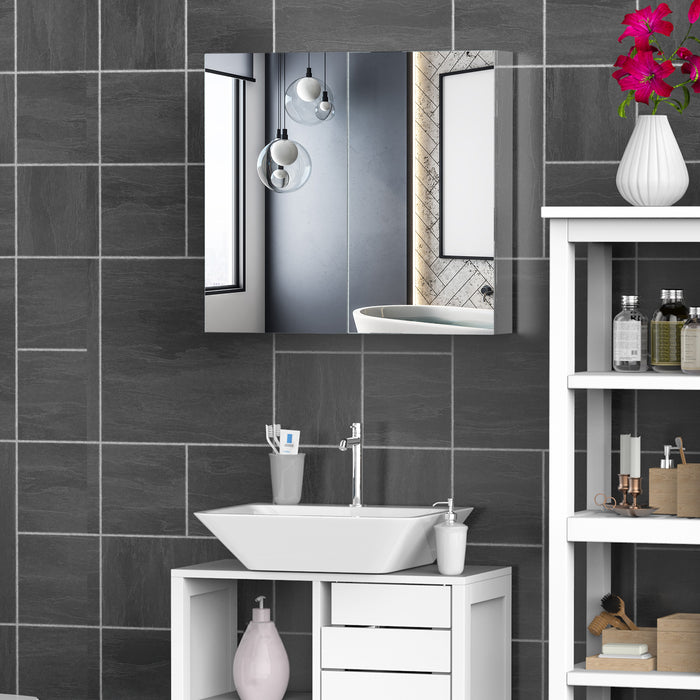 Stainless Steel Double Door Mirror Cabinet - Sleek Bathroom Storage Solution with Reflective Surfaces - Ideal for Organizing Toiletries and Enhancing Space