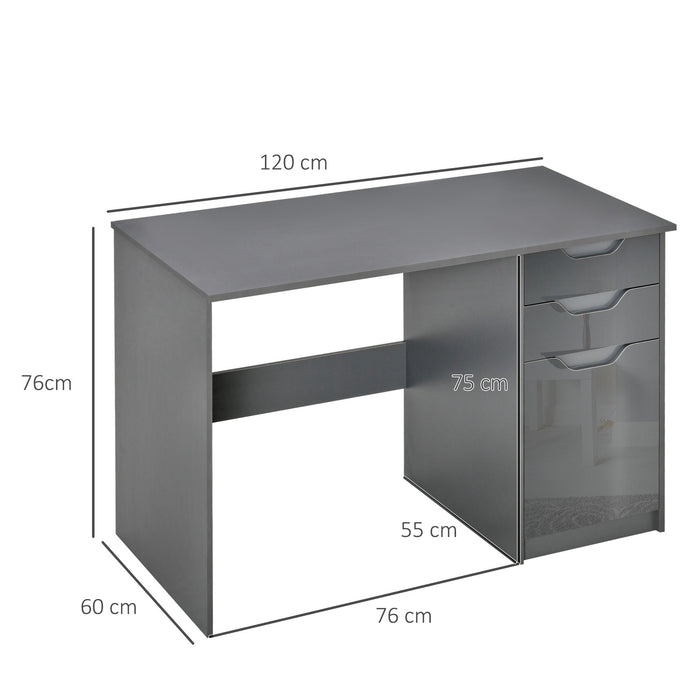 Modern High Gloss Grey Computer Desk - Writing Workstation with Drawers and Storage Cabinet - Ideal for Home or Office Study Area