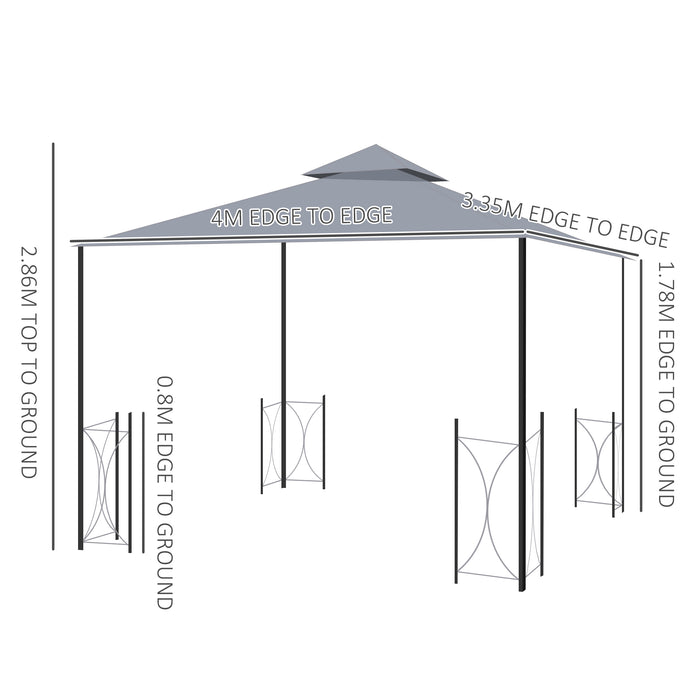 Outdoor Metal Gazebo Canopy 4x3.35m - Dual-Tier Roof, Sun Shade, Mosquito Netting & Privacy Curtains - Elegant Shelter for Garden & Patio Entertaining