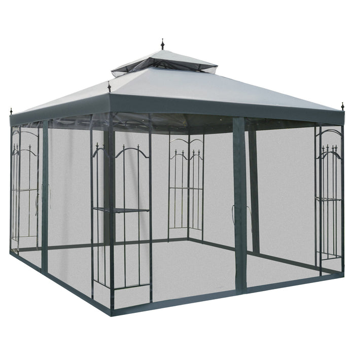 Outdoor Double-Tiered Canopy Gazebo - 3x3 Meter Patio Event Shelter, Garden Wedding Party Tent, Sun Shade with Mesh Curtains - Ideal for Backyard Events, Grey