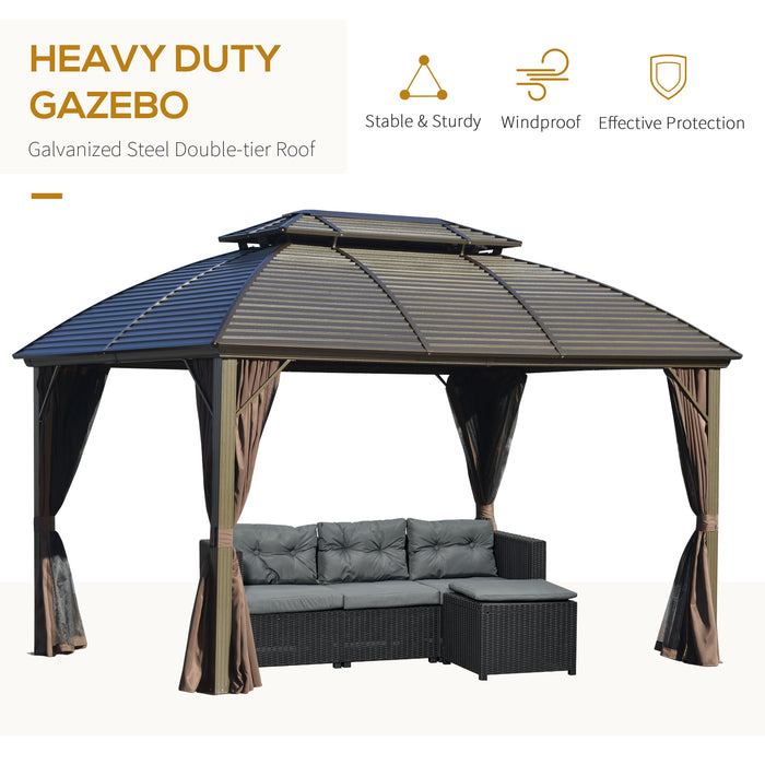 Heavy-Duty 3.65x3m Steel Gazebo with Aluminum Frame - Sturdy Double-Roof Outdoor Canopy for Patio, Brown - Ideal Pavilion for Garden Entertaining and Shelter