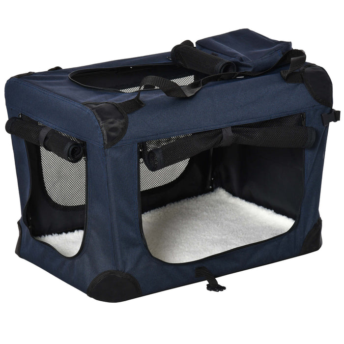 Portable Soft-Sided Pet Carrier - Folding Dog and Cat Travel Crate with Cushion, 60x41.5x41cm, Dark Blue - Ideal for Comfortable and Secure Pet Transport